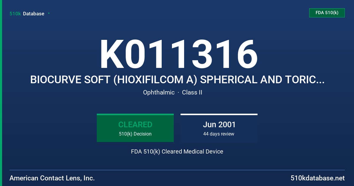 K011316 BIOCURVE SOFT (HIOXIFILCOM A) SPHERICAL AND TORIC SOFT CONTACT LENS FOR DAILY WEAR (CLEAR AND BLUE VISIBILITY-HANDLING T FDA 510(k) Cleared Medical Device
