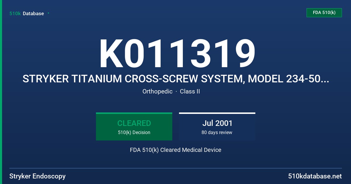 K011319 STRYKER TITANIUM CROSS-SCREW SYSTEM, MODEL 234-500-1XX FDA 510(k) Cleared Medical Device
