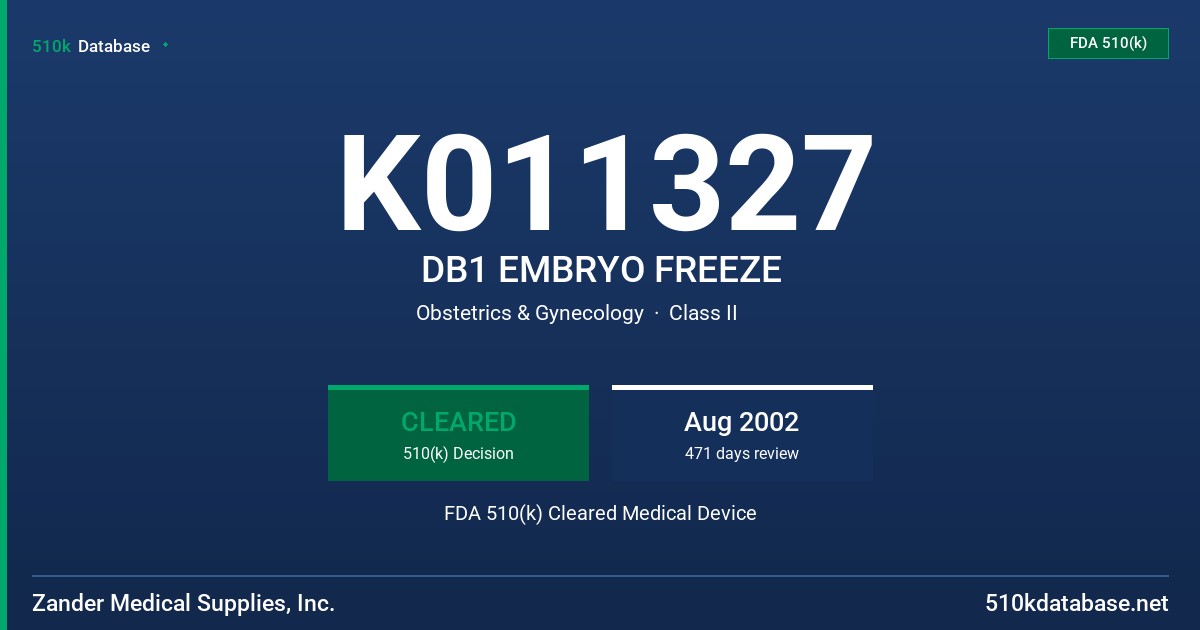 K011327 DB1 EMBRYO FREEZE FDA 510(k) Cleared Medical Device
