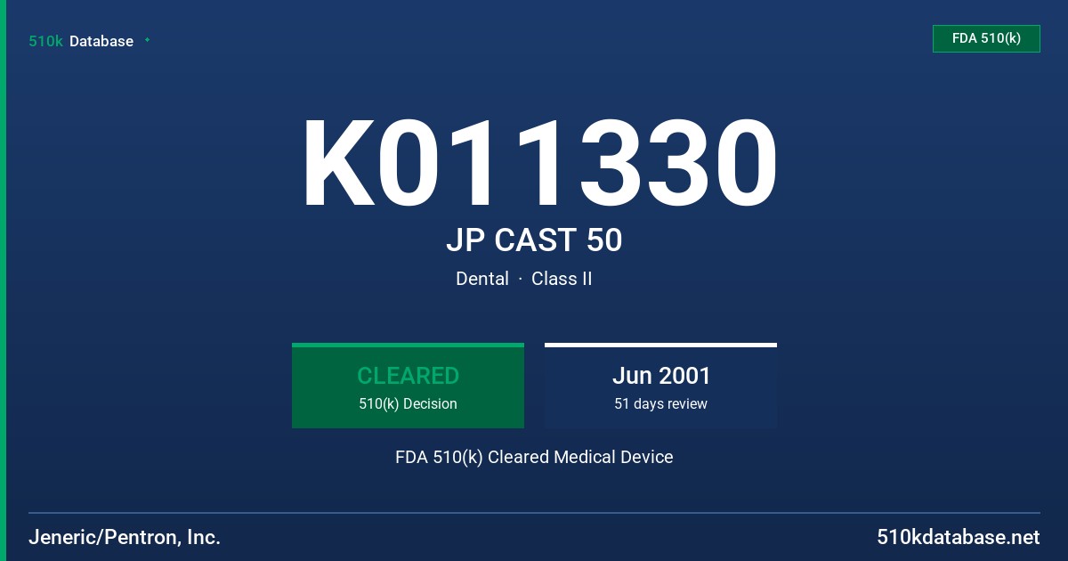 K011330 JP CAST 50 FDA 510(k) Cleared Medical Device