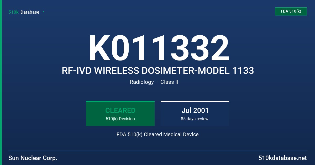 K011332 RF-IVD WIRELESS DOSIMETER-MODEL 1133 FDA 510(k) Cleared Medical Device