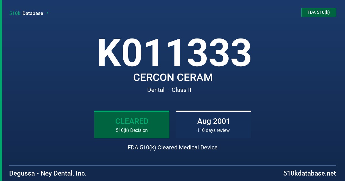 K011333 CERCON CERAM FDA 510(k) Cleared Medical Device