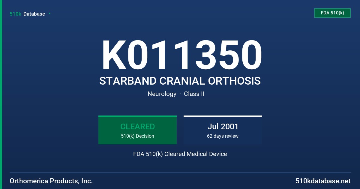 K011350 STARBAND CRANIAL ORTHOSIS FDA 510(k) Cleared Medical Device