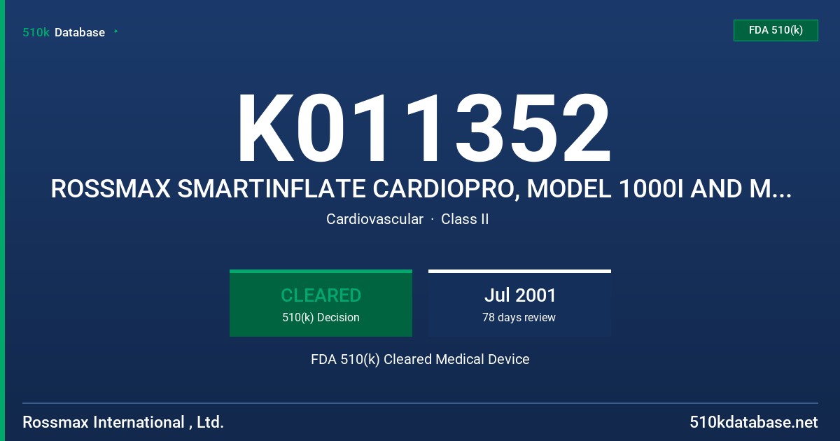 K011352 ROSSMAX SMARTINFLATE CARDIOPRO, MODEL 1000I AND MODEL 3000I BLOOD PRESSURE MONITORS FDA 510(k) Cleared Medical Device