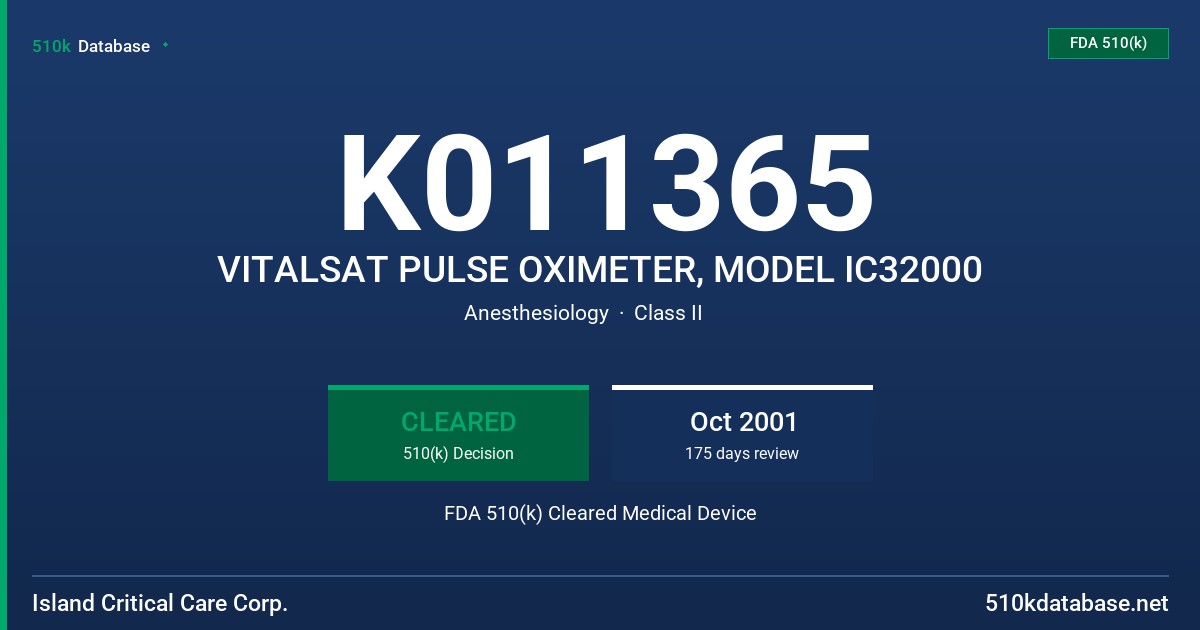 K011365 VITALSAT PULSE OXIMETER, MODEL IC32000 FDA 510(k) Cleared Medical Device