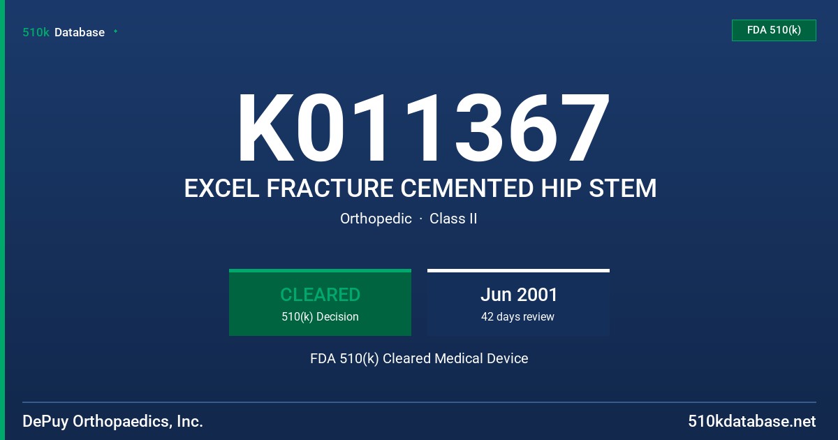 K011367 EXCEL FRACTURE CEMENTED HIP STEM FDA 510(k) Cleared Medical Device
