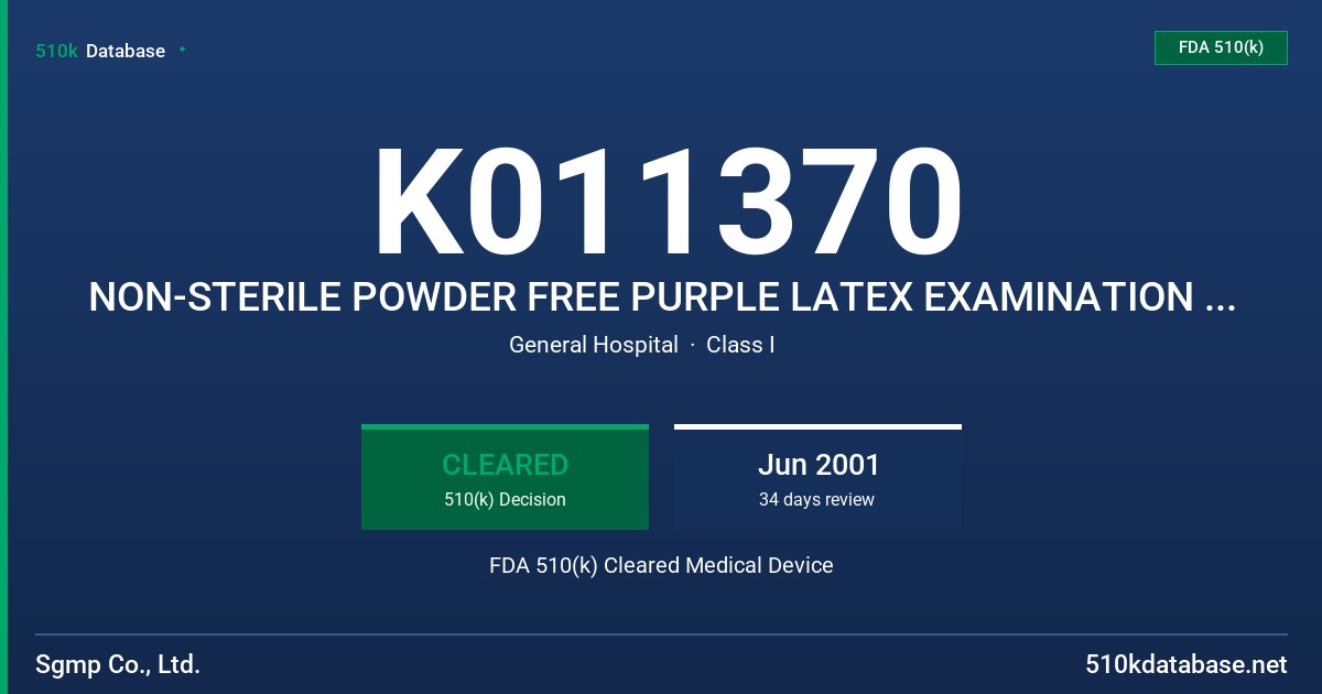 K011370 NON-STERILE POWDER FREE PURPLE LATEX EXAMINATION GLOVE WITH AND WITHOUT GRAPE SCENT AND WITH PROTEIN LABELING (50 MICROG FDA 510(k) Cleared Medical Device