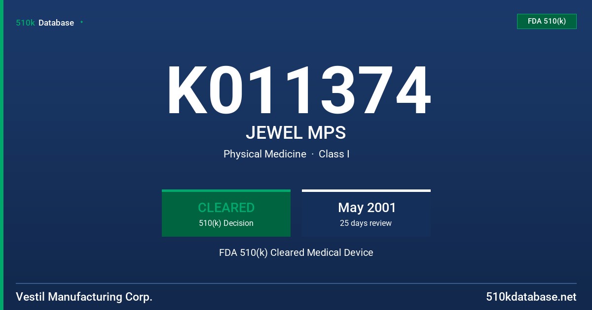 K011374 JEWEL MPS FDA 510(k) Cleared Medical Device