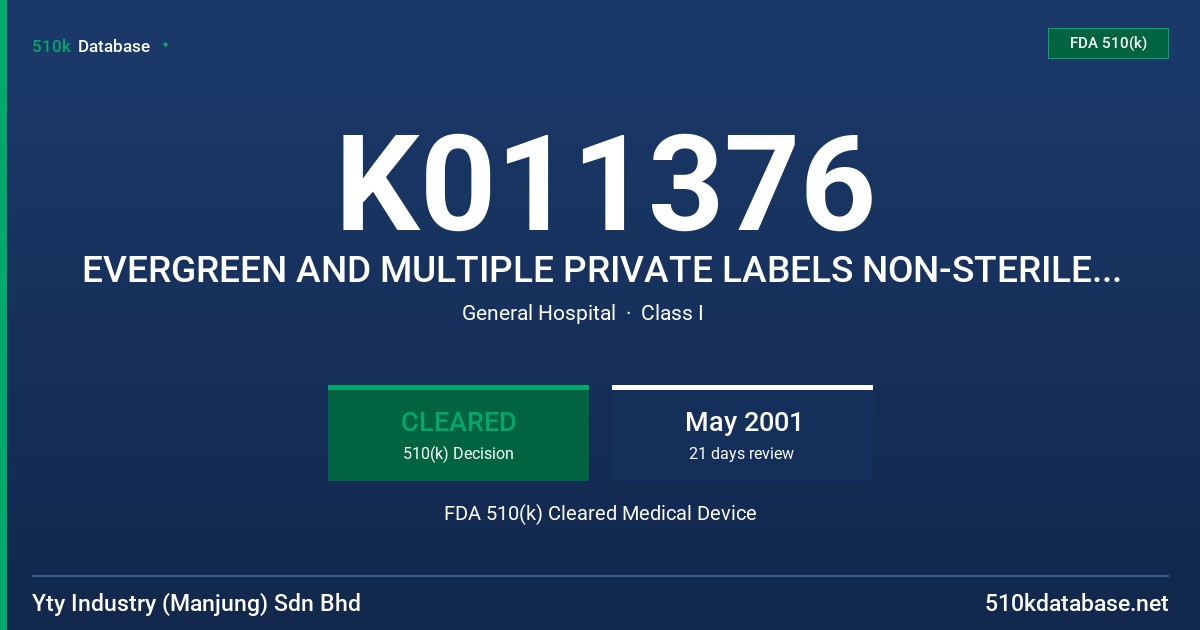 K011376 EVERGREEN AND MULTIPLE PRIVATE LABELS NON-STERILE POWDERED LATEX PATIENT EXAMINATION GLOVES, WITH PROTEIN LABELING (200 FDA 510(k) Cleared Medical Device