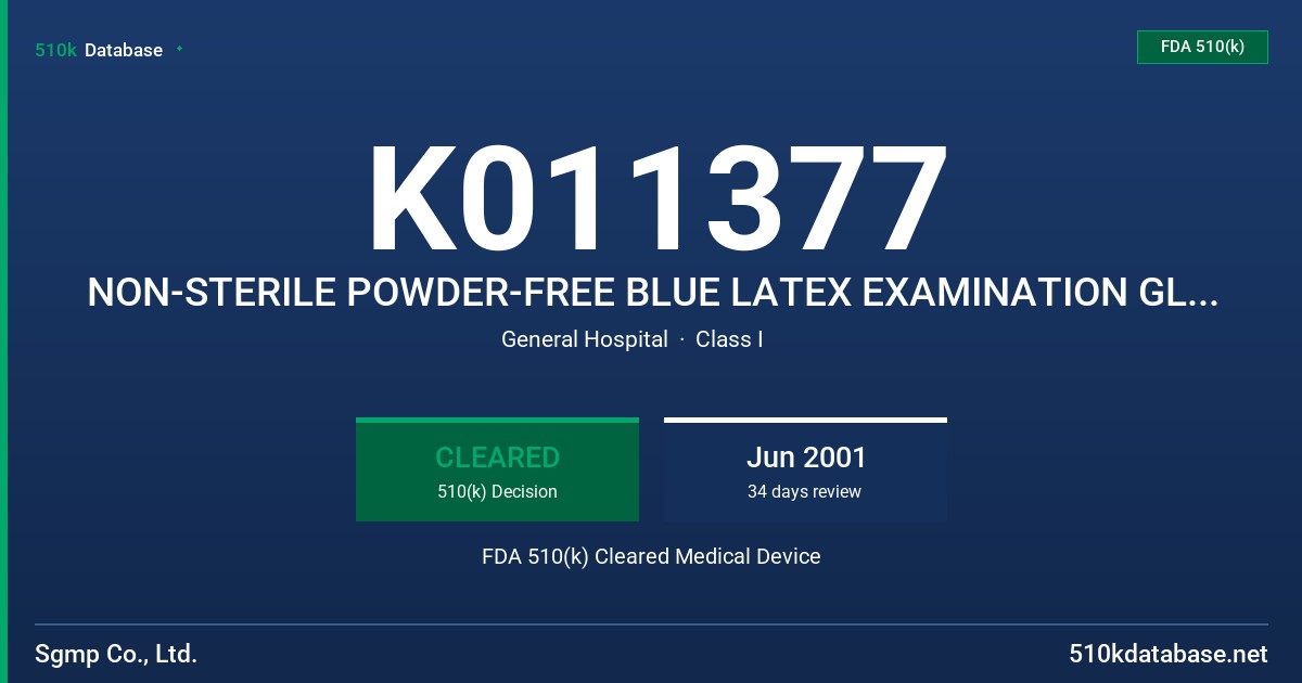 K011377 NON-STERILE POWDER-FREE BLUE LATEX EXAMINATION GLOVES, WITH AND WITHOUT BUBBLEGUM SCENTING & A PROTEIN LABELING CLAIM (5 FDA 510(k) Cleared Medical Device