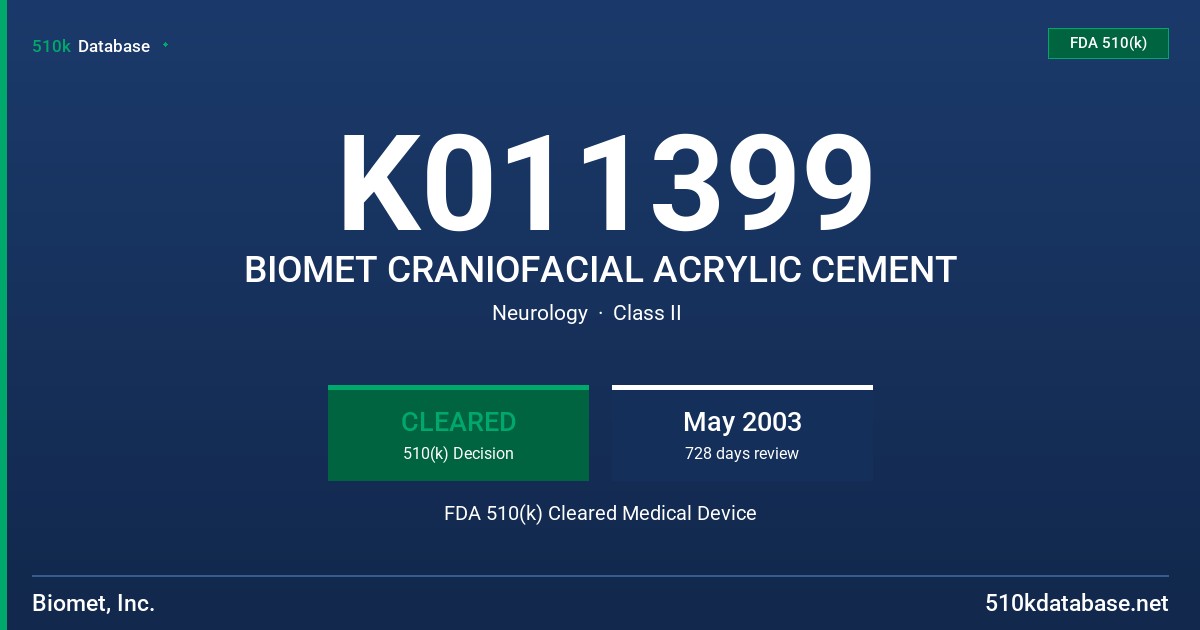K011399 BIOMET CRANIOFACIAL ACRYLIC CEMENT FDA 510(k) Cleared Medical Device
