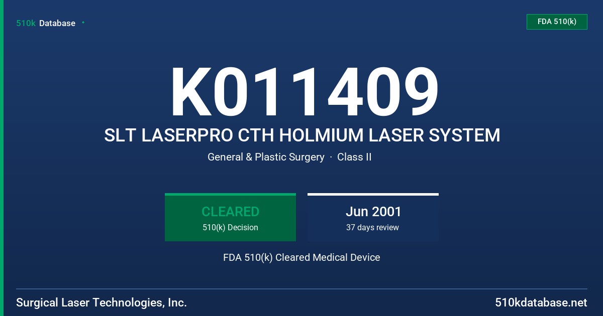 K011409 SLT LASERPRO CTH HOLMIUM LASER SYSTEM FDA 510(k) Cleared Medical Device