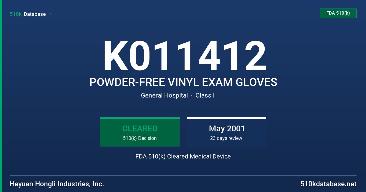 K011412 POWDER-FREE VINYL EXAM GLOVES FDA 510(k) Cleared Medical Device