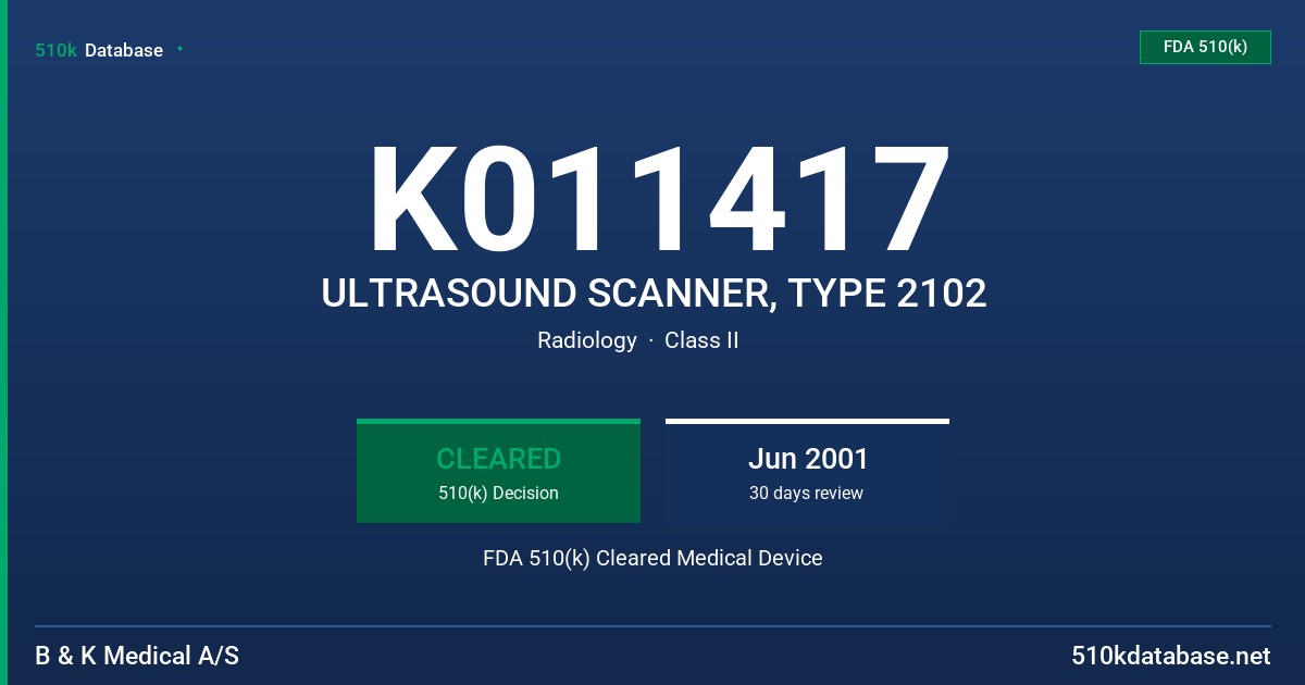 K011417 ULTRASOUND SCANNER, TYPE 2102 FDA 510(k) Cleared Medical Device