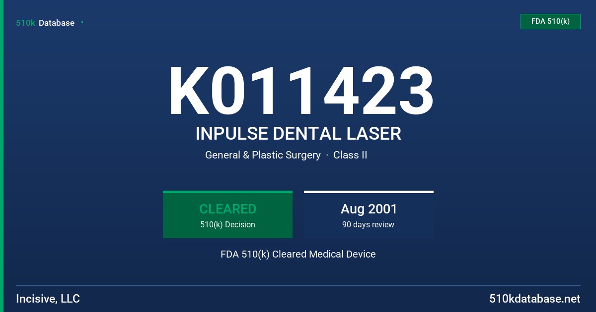K011423 INPULSE DENTAL LASER FDA 510(k) Cleared Medical Device