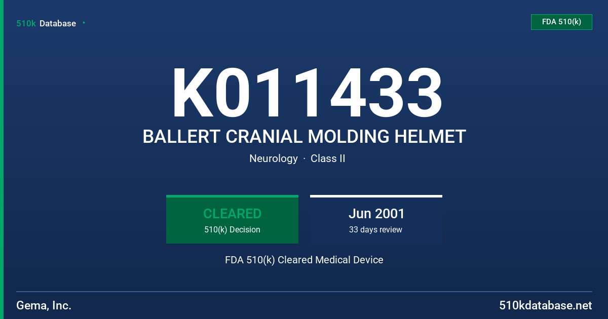 K011433 BALLERT CRANIAL MOLDING HELMET FDA 510(k) Cleared Medical Device