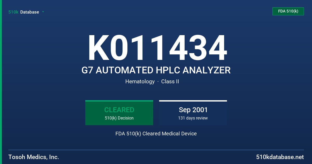 K011434 G7 AUTOMATED HPLC ANALYZER FDA 510(k) Cleared Medical Device