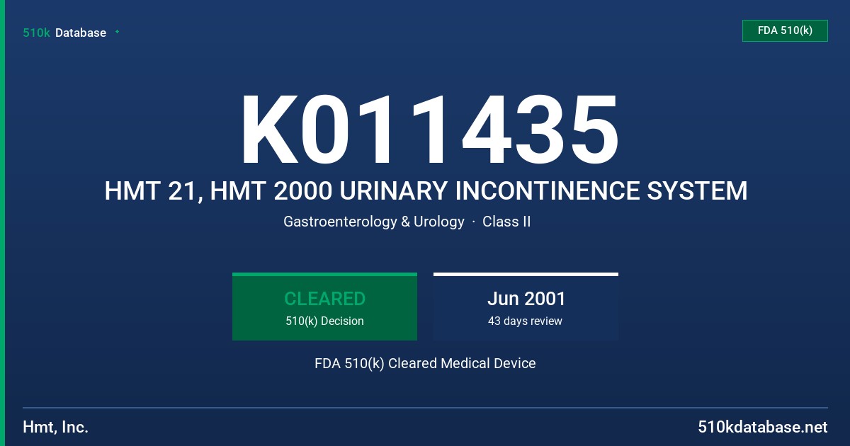 K011435 HMT 21, HMT 2000 URINARY INCONTINENCE SYSTEM FDA 510(k) Cleared Medical Device