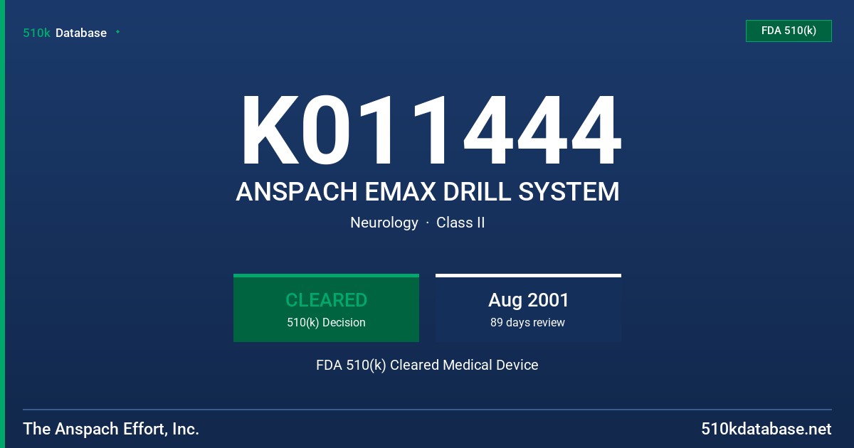 K011444 ANSPACH EMAX DRILL SYSTEM FDA 510(k) Cleared Medical Device