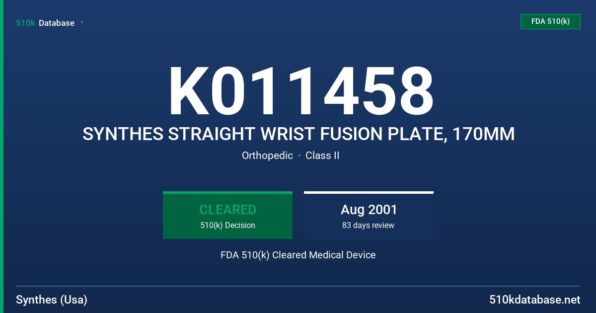 K011458 SYNTHES STRAIGHT WRIST FUSION PLATE, 170MM FDA 510(k) Cleared Medical Device
