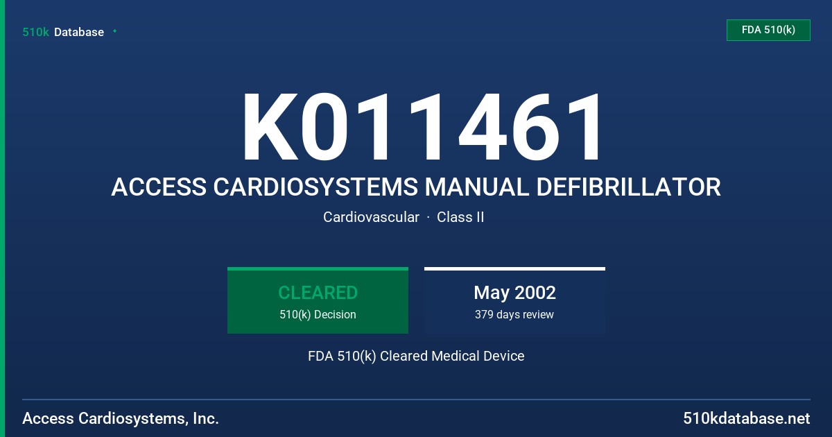 K011461 ACCESS CARDIOSYSTEMS MANUAL DEFIBRILLATOR FDA 510(k) Cleared Medical Device