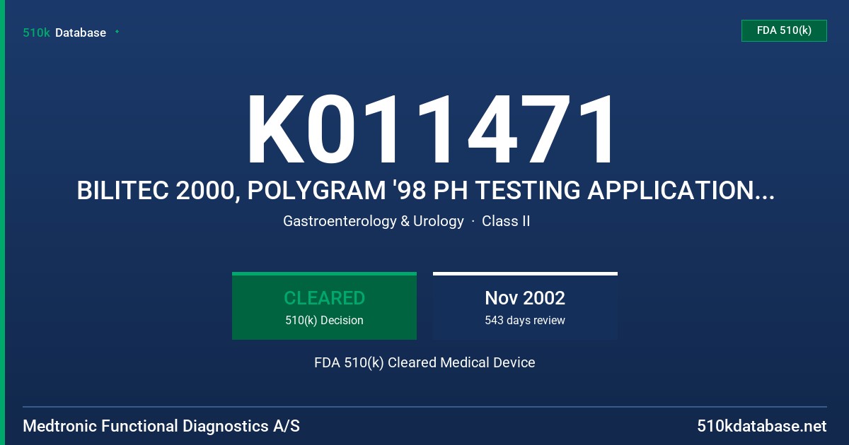 K011471 BILITEC 2000, POLYGRAM '98 PH TESTING APPLICATION (INCL.BILE), OPTICAL FIBER PROBER FDA 510(k) Cleared Medical Device