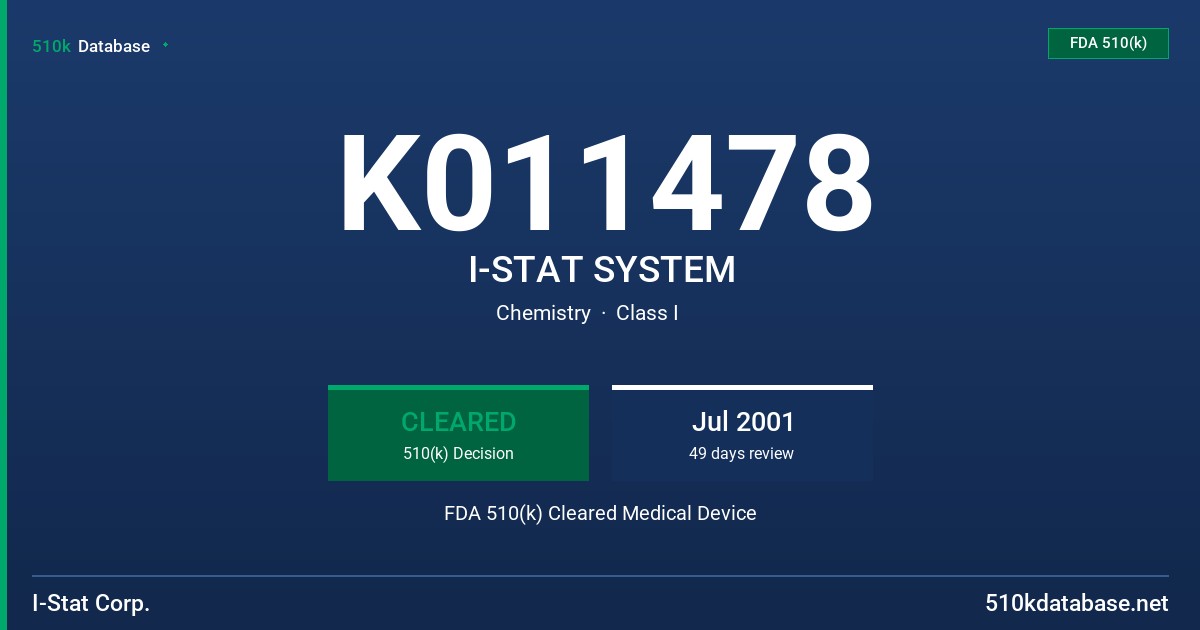 K011478 I-STAT SYSTEM FDA 510(k) Cleared Medical Device