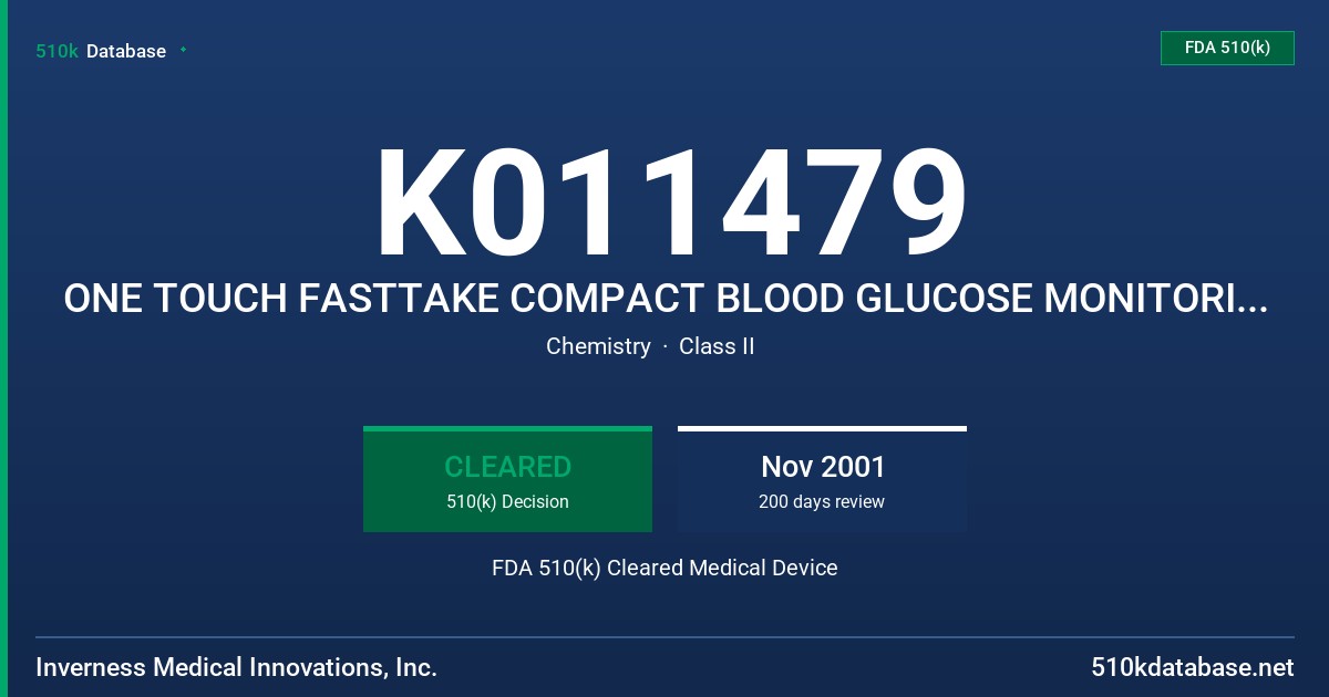 K011479 ONE TOUCH FASTTAKE COMPACT BLOOD GLUCOSE MONITORING SYSTEM, ONE TOUCH ULTRA BLOOD GLUCOSE MONITORING SYSTEM FDA 510(k) Cleared Medical Device