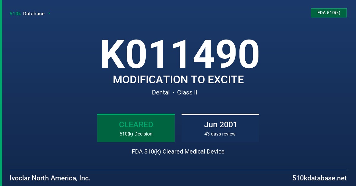 K011490 MODIFICATION TO EXCITE FDA 510(k) Cleared Medical Device