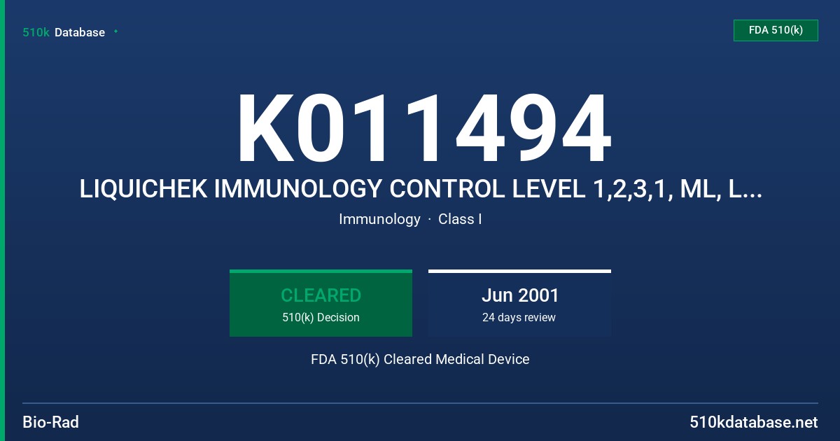 K011494 LIQUICHEK IMMUNOLOGY CONTROL LEVEL 1,2,3,1, ML, LIQUICHEK IMMUNOLOGY CONTROL LEVEL 1, 3 ML, LIQUICHEK IMMUNOLOGY CONTROL FDA 510(k) Cleared Medical Device
