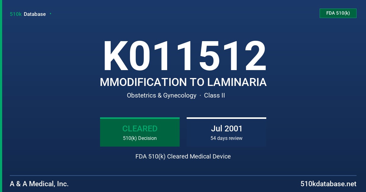 K011512 MMODIFICATION TO LAMINARIA FDA 510(k) Cleared Medical Device