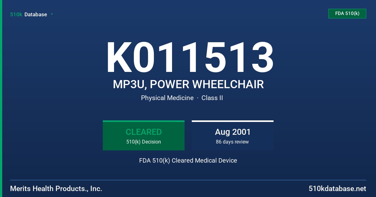 K011513 MP3U, POWER WHEELCHAIR FDA 510(k) Cleared Medical Device