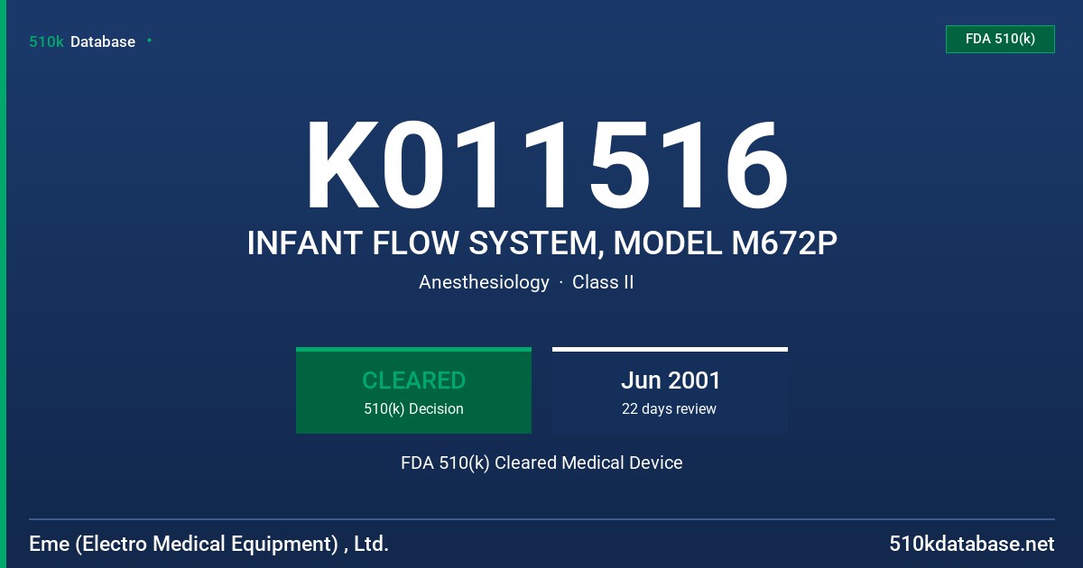 K011516 INFANT FLOW SYSTEM, MODEL M672P FDA 510(k) Cleared Medical Device