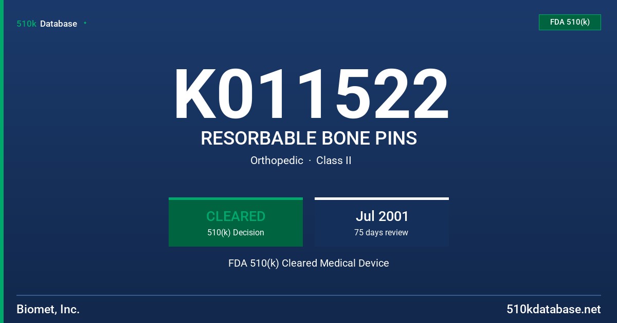 K011522 RESORBABLE BONE PINS FDA 510(k) Cleared Medical Device