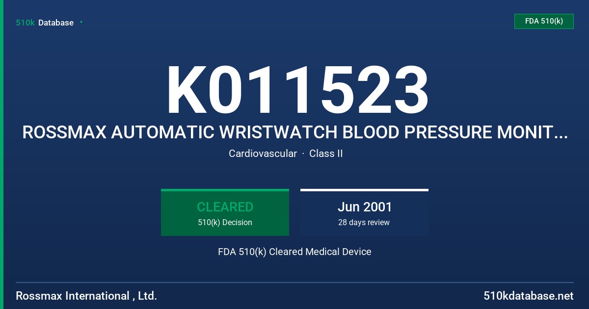 K011523 ROSSMAX AUTOMATIC WRISTWATCH BLOOD PRESSURE MONITOR, MODEL BPW138 FDA 510(k) Cleared Medical Device