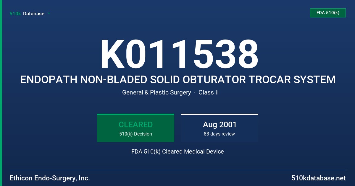 K011538 ENDOPATH NON-BLADED SOLID OBTURATOR TROCAR SYSTEM FDA 510(k) Cleared Medical Device