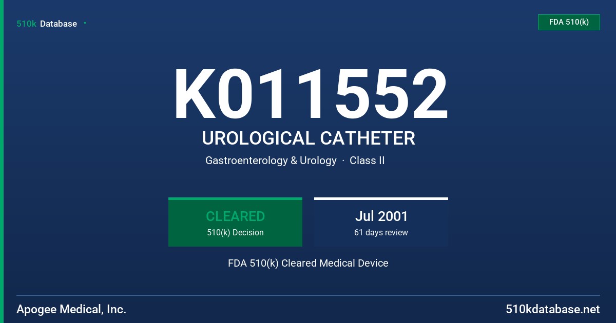 K011552 UROLOGICAL CATHETER FDA 510(k) Cleared Medical Device