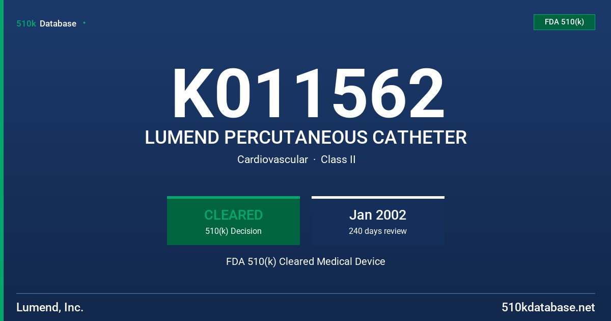 K011562 LUMEND PERCUTANEOUS CATHETER FDA 510(k) Cleared Medical Device