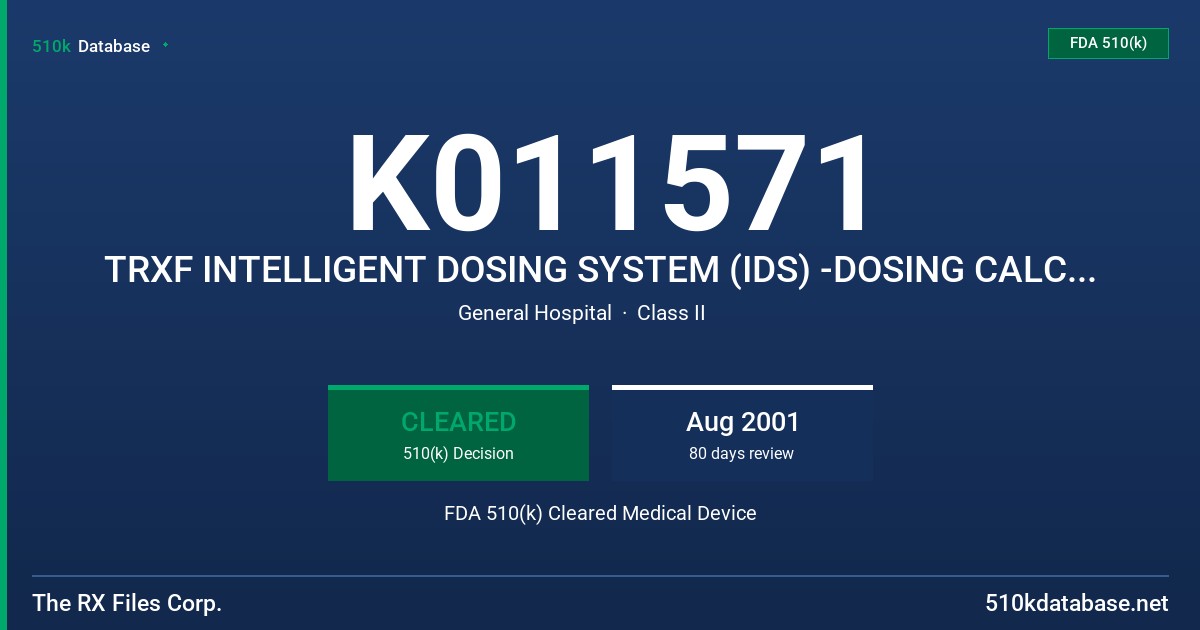 K011571 TRXF INTELLIGENT DOSING SYSTEM (IDS) -DOSING CALCULATOR SUITE FDA 510(k) Cleared Medical Device