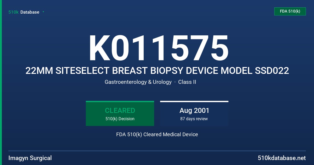 K011575 22MM SITESELECT BREAST BIOPSY DEVICE MODEL SSD022 FDA 510(k) Cleared Medical Device