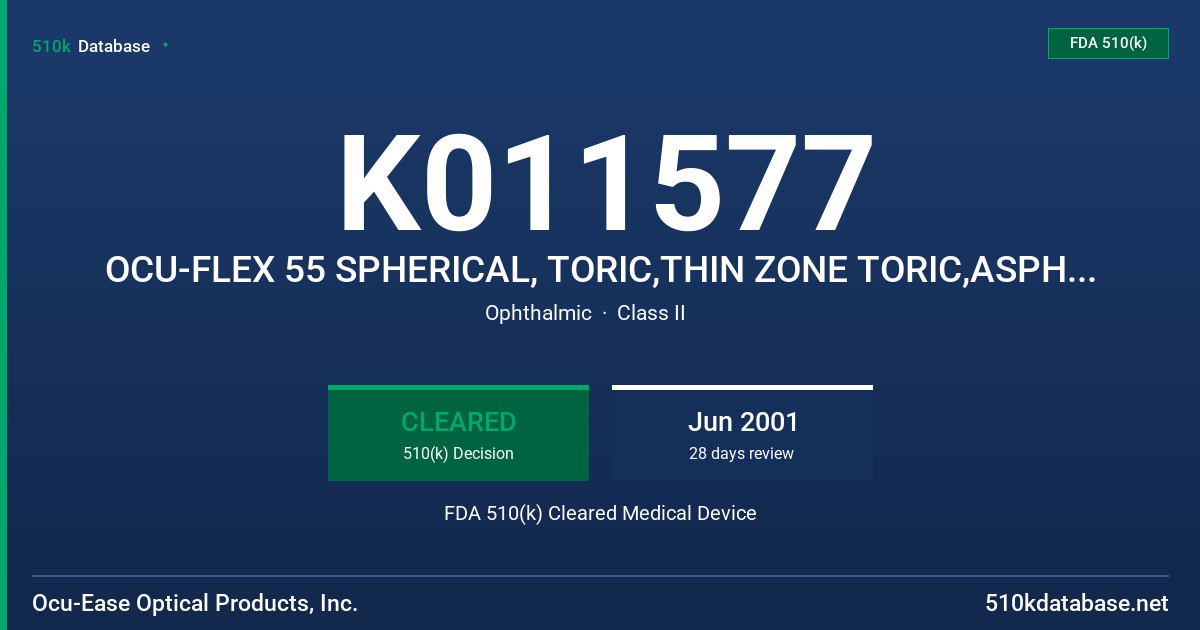 K011577 OCU-FLEX 55 SPHERICAL, TORIC,THIN ZONE TORIC,ASPHERICAL,TORIC ASPHERICAL AND THIN ZONE TORIC ASPHERICAL (METHAFILCON A)S FDA 510(k) Cleared Medical Device
