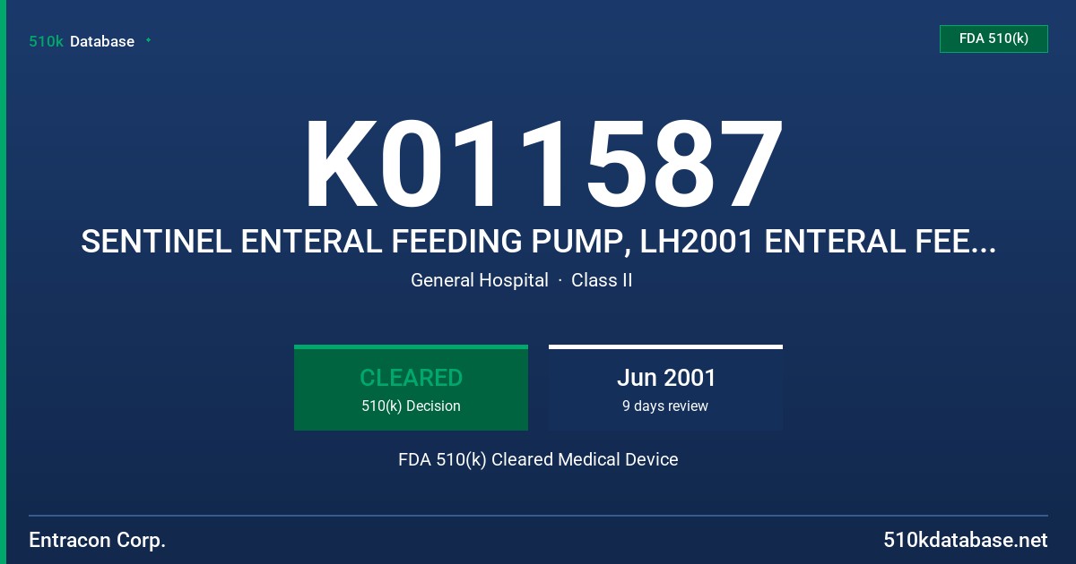K011587 SENTINEL ENTERAL FEEDING PUMP, LH2001 ENTERAL FEEDING PUMP FDA 510(k) Cleared Medical Device