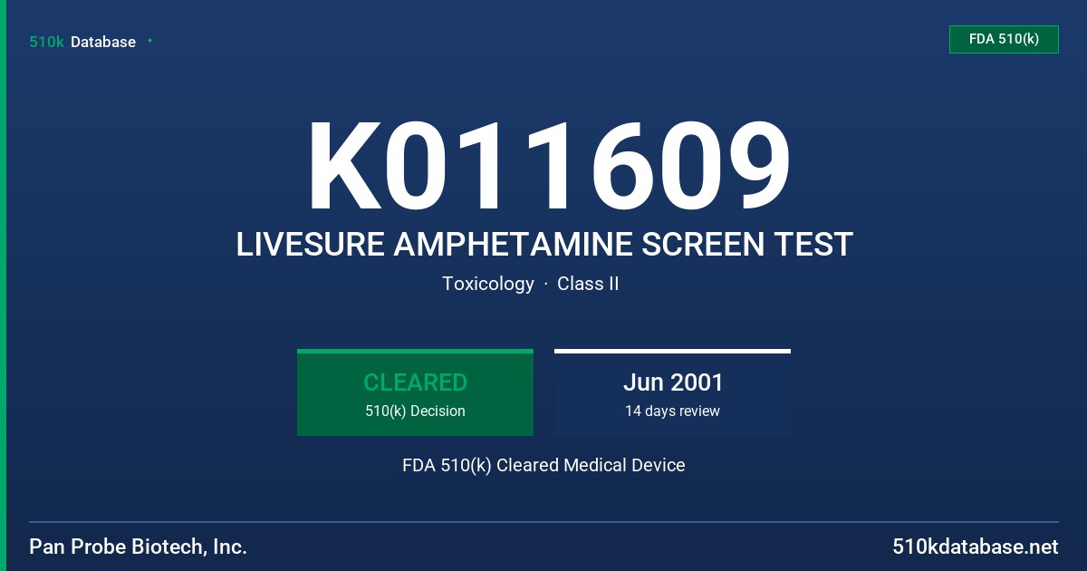 K011609 LIVESURE AMPHETAMINE SCREEN TEST FDA 510(k) Cleared Medical Device