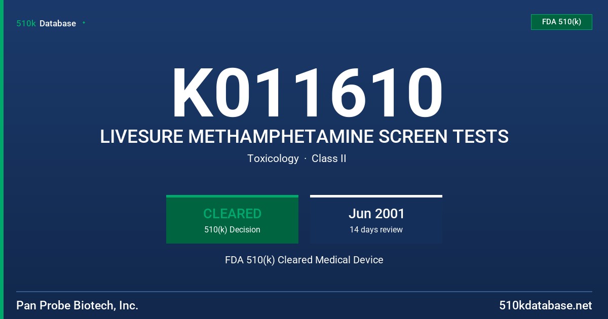 K011610 LIVESURE METHAMPHETAMINE SCREEN TESTS FDA 510(k) Cleared Medical Device