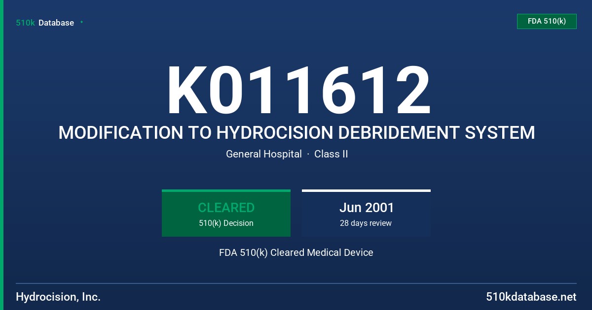 K011612 MODIFICATION TO HYDROCISION DEBRIDEMENT SYSTEM FDA 510(k) Cleared Medical Device