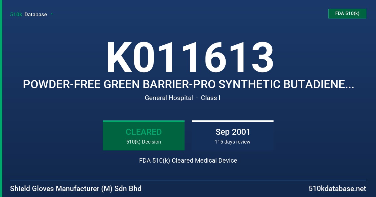 K011613 POWDER-FREE GREEN BARRIER-PRO SYNTHETIC BUTADIENE COPOLYMER EXAMINATION GLOVE FDA 510(k) Cleared Medical Device