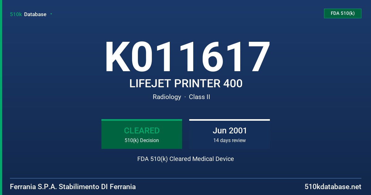 K011617 LIFEJET PRINTER 400 FDA 510(k) Cleared Medical Device