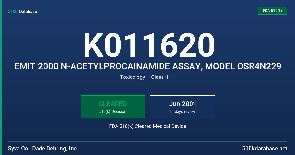 K011620 EMIT 2000 N-ACETYLPROCAINAMIDE ASSAY, MODEL OSR4N229 FDA 510(k) Cleared Medical Device
