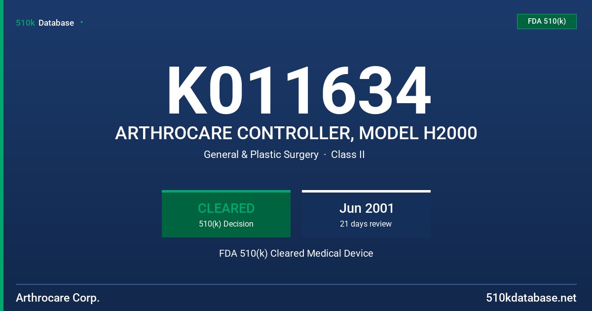 K011634 ARTHROCARE CONTROLLER, MODEL H2000 FDA 510(k) Cleared Medical Device