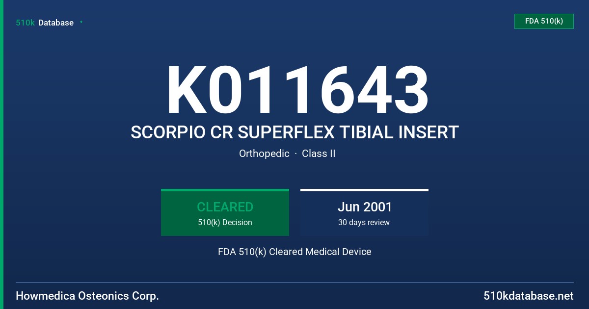 K011643 SCORPIO CR SUPERFLEX TIBIAL INSERT FDA 510(k) Cleared Medical Device